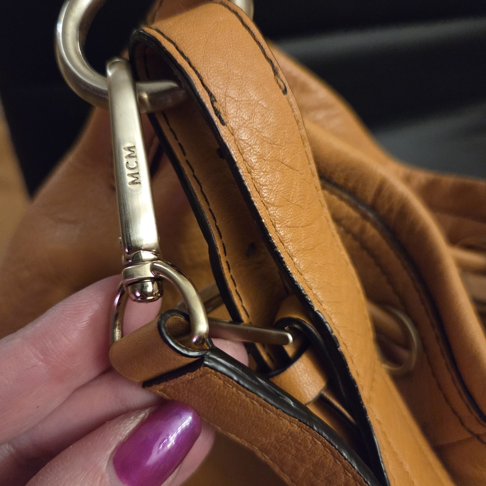 Authentic MCM Leather Drawstring Bucket Bag, often referred as Hobo Crossbody - Picture 14 of 15